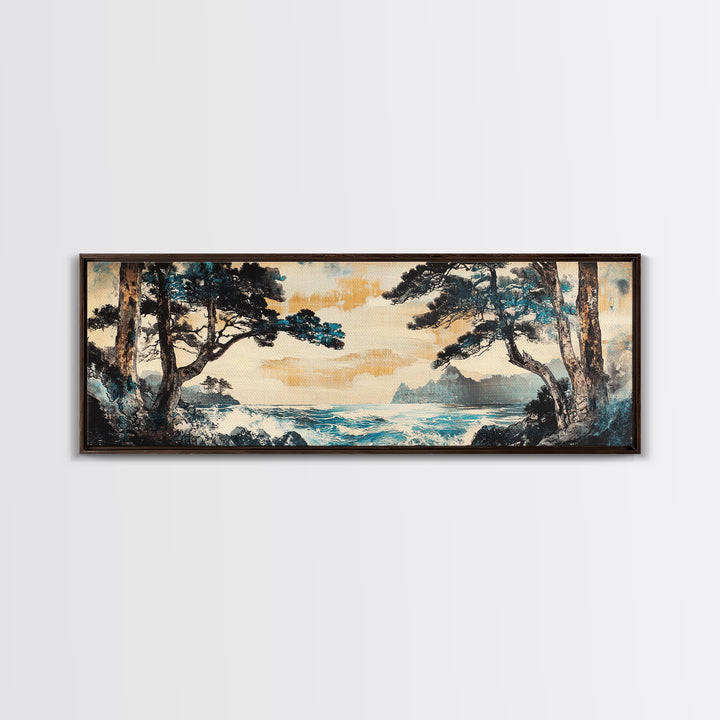 Misty Coastal Cove Canvas Print, Pine Tree Seascape Wall Art, Japanese Inspired Landscape, Large Panoramic Living Room Home Decor