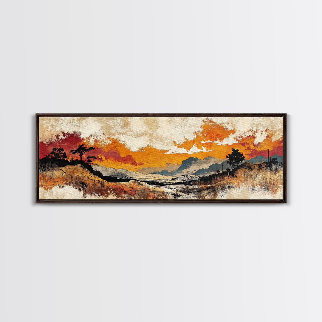 Autumn Valley Sunset Canvas Print, Orange Mountain Landscape Wall Art, Rustic Nature Art, Large Panoramic Home Decor Print
