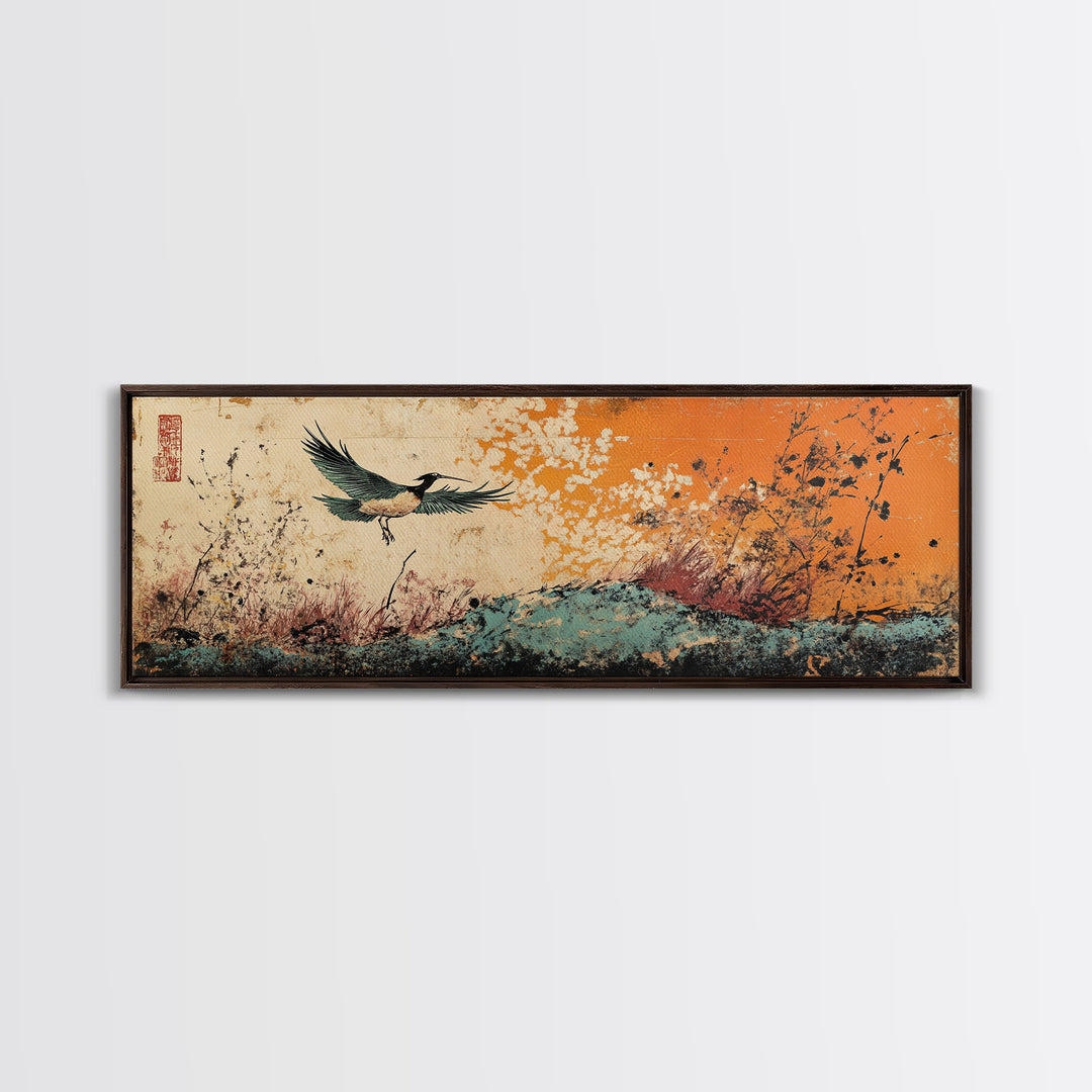 Flying Crane Over Floral Meadow Canvas Print, Japanese Bird Wall Art, Orange Sky Nature Art, Large Living Room Home Decor
