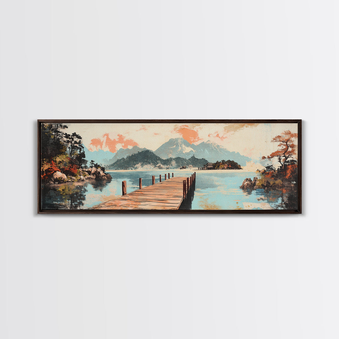 Serene Lake Dock And Mountain Canvas Print, Japanese Landscape Art, Coastal Wall Decor, Peaceful Living Room Decor, Above Sofa Wall Art