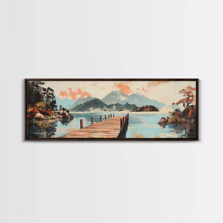 Serene Lake Dock And Mountain Canvas Print, Japanese Landscape Art, Coastal Wall Decor, Peaceful Living Room Decor, Above Sofa Wall Art