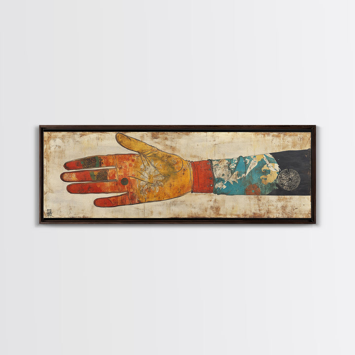 Japanese Hand And Kimono Sleeve Wall Art, Wabi Sabi Framed Canvas Print, Asian Textile Decor, Eclectic Gallery Art For Living Room