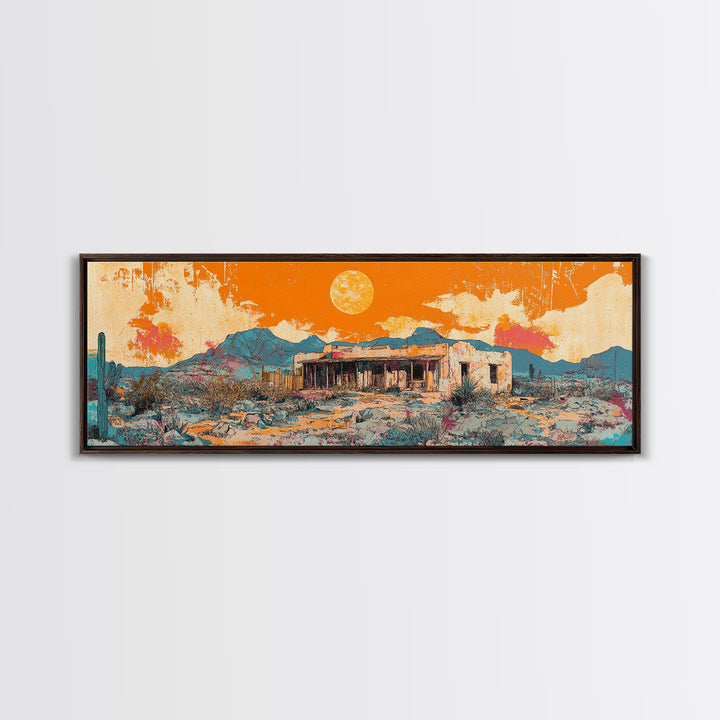 Orange Desert Adobe House Wall Art, Southwestern Landscape Canvas Print, Modern Rustic Home Decor, Santa Fe Style Poster
