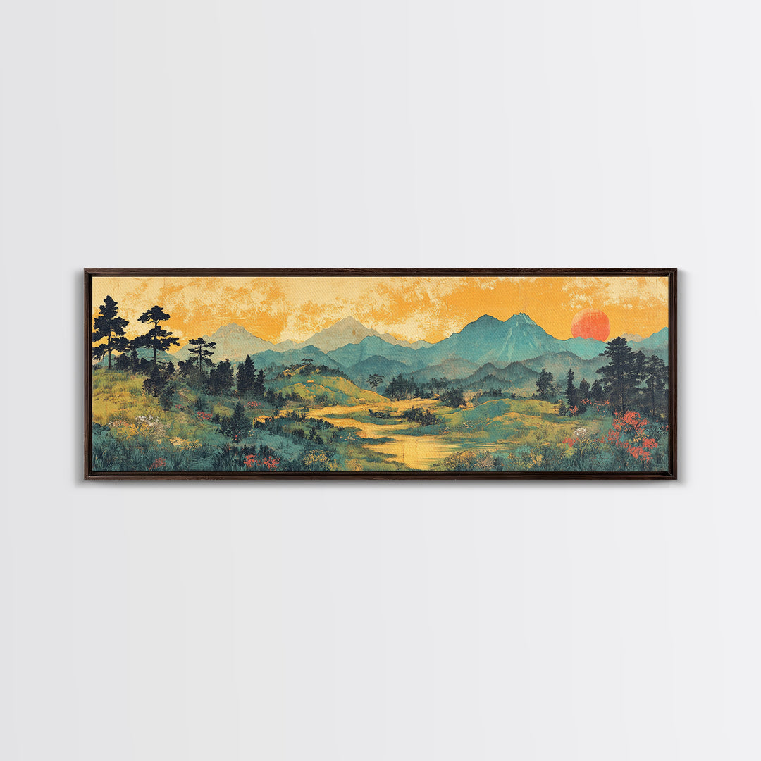 Misty Mountain Meadow Wall Art, Golden Sunrise Landscape Canvas Print, Nature Wall Decor, Above Sofa Living Room Decor Print