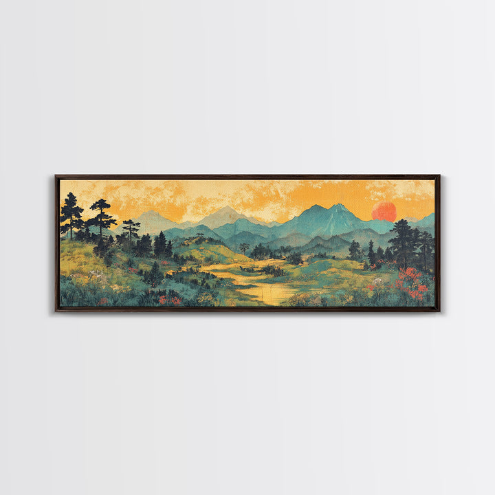Misty Mountain Meadow Wall Art, Golden Sunrise Landscape Canvas Print, Nature Wall Decor, Above Sofa Living Room Decor Print