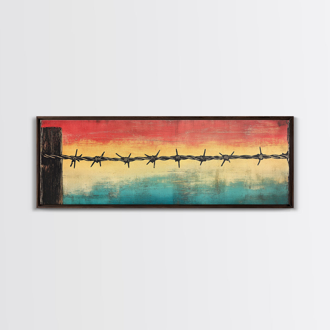 Barbed Wire Sunset Over Water Wall Art, Rustic Industrial Decor, Western Wall Art, Moody Canvas Print, Office Wall Decor