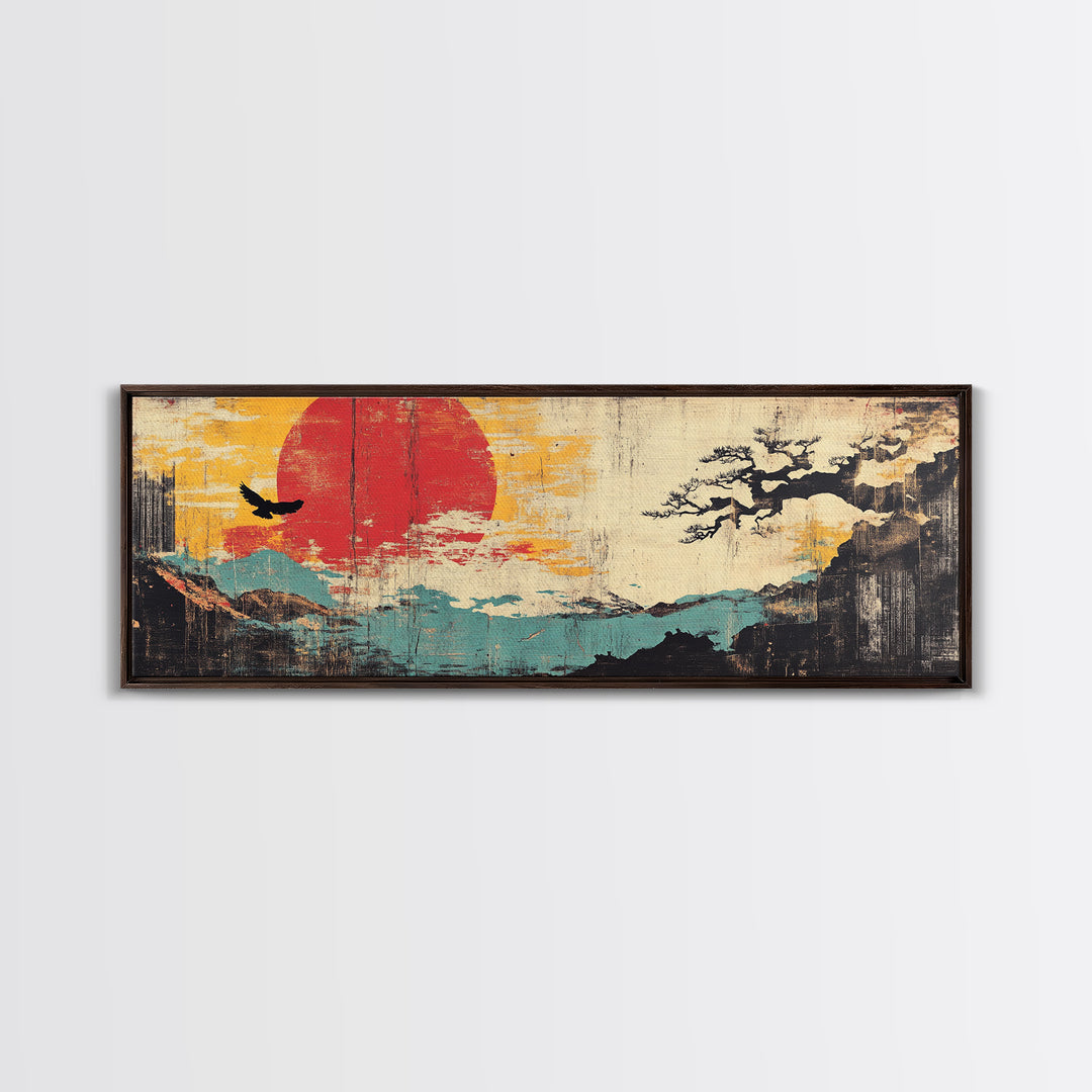 Red Sun Coastal Mountain Wall Art, Japanese Wall Art, Bird Silhouette, Japandi Decor, Panoramic Canvas Print, Home Decor