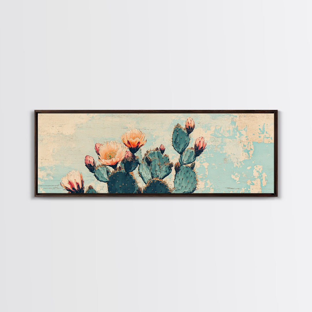 Blooming Prickly Pear Cactus Canvas Print, Southwestern Desert Wall Art, Floral Botanical Decor, Soft Blue Boho Home Decor