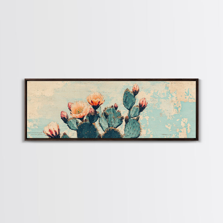 Blooming Prickly Pear Cactus Canvas Print, Southwestern Desert Wall Art, Floral Botanical Decor, Soft Blue Boho Home Decor