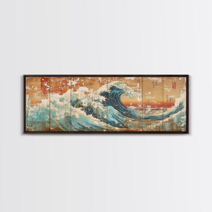 Great Japanese Wave With Golden Sky Canvas Print, Coastal Seascape Wall Art, Ocean Decor, Large Horizontal Living Room Art