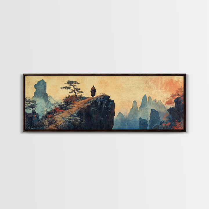 Solitary Monk On Cliff, Misty Asian Mountains Wall Art, Japanese Landscape Print, Zen Home Decor, Panoramic Canvas, Living Room Decor