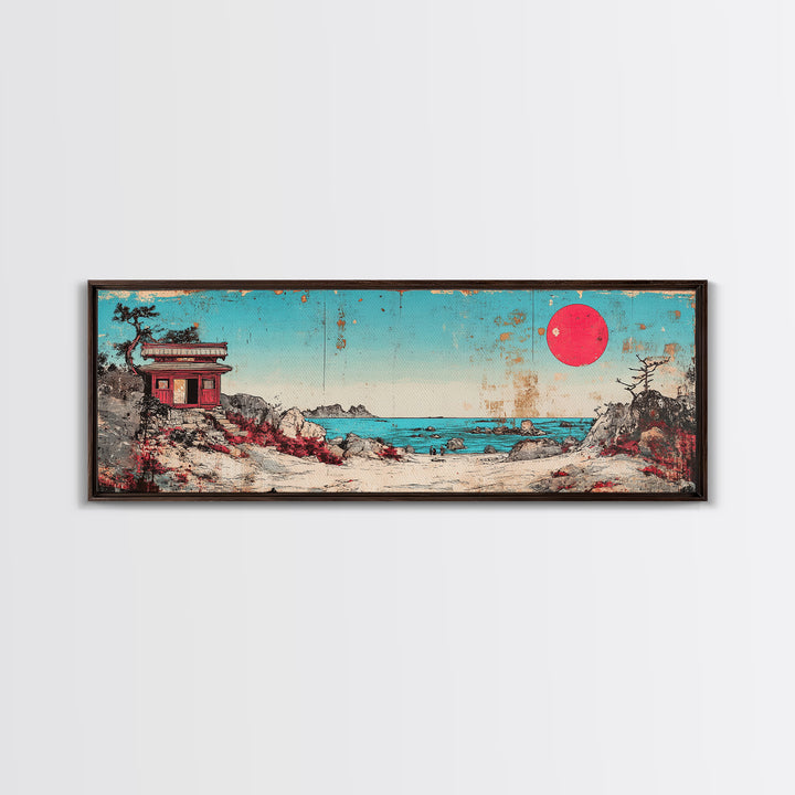Seaside Shrine With Red Sun Wall Art, Japanese Coastal Print, Retro Pagoda Decor, Zen Ocean Landscape Canvas Gift For Home Decor