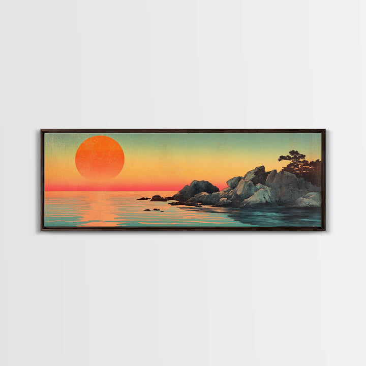 Orange Sunset Over Rocky Shore Wall Art, Japanese Coastal Seascape Print, Serene Ocean Decor, Large Horizontal Canvas Gift