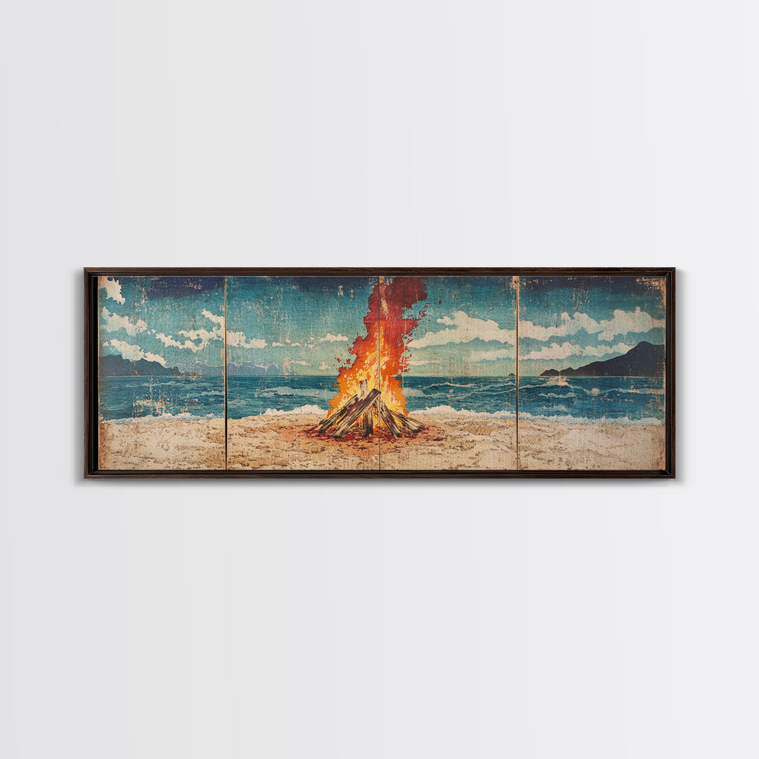 Beach Bonfire Beside Blue Ocean Wall Art, Coastal Triptych Print, Summer Seascape Decor, Large Framed Canvas Print Gift For Her