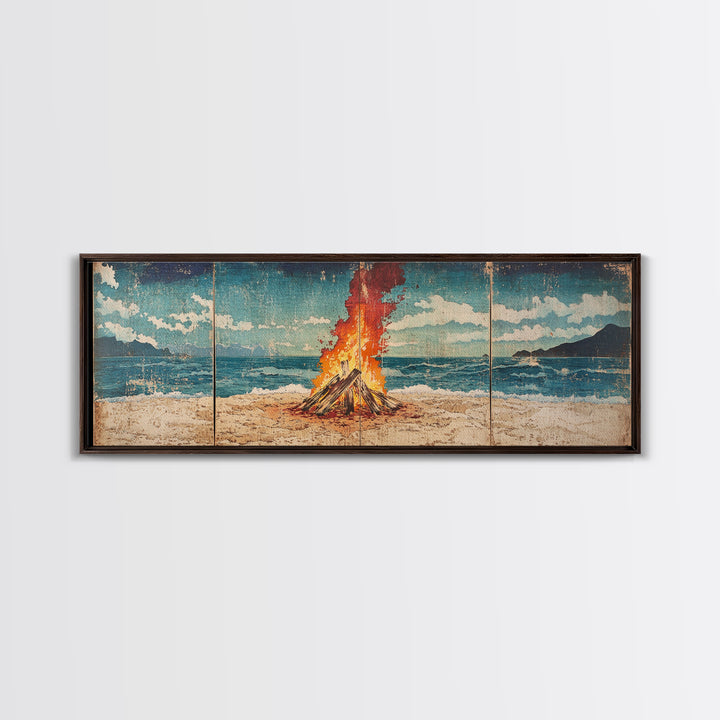 Beach Bonfire Beside Blue Ocean Wall Art, Coastal Triptych Print, Summer Seascape Decor, Large Framed Canvas Print Gift For Her
