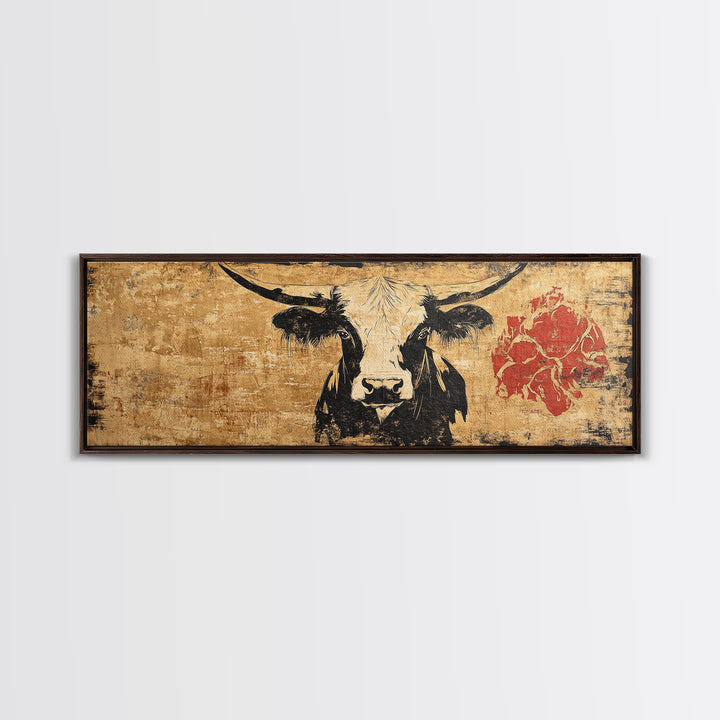 Black And White Longhorn Cow Wall Art, Rustic Western Canvas Print, Farmhouse Ranch Decor, Southwest Animal Poster Print