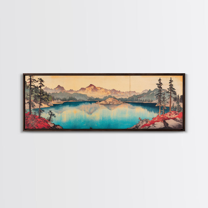Turquoise Alpine Lake And Pine Mountain Wall Art, Panoramic Landscape Canvas Print, Rustic Cabin Living Room Home Decor Print