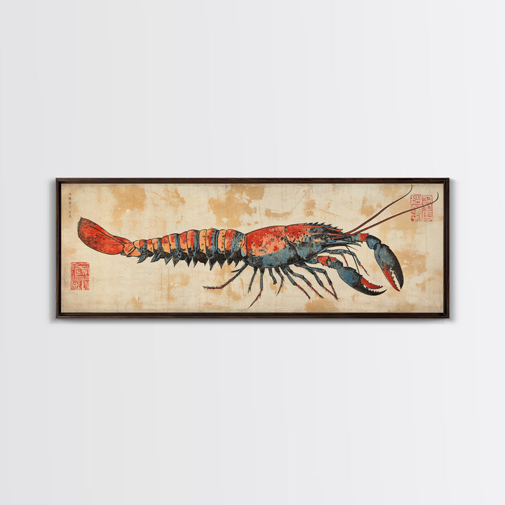 Red Lobster Illustration On Aged Parchment Wall Art, Nautical Seafood Canvas Print, Coastal Kitchen Dining Room Decor Foodie Gift