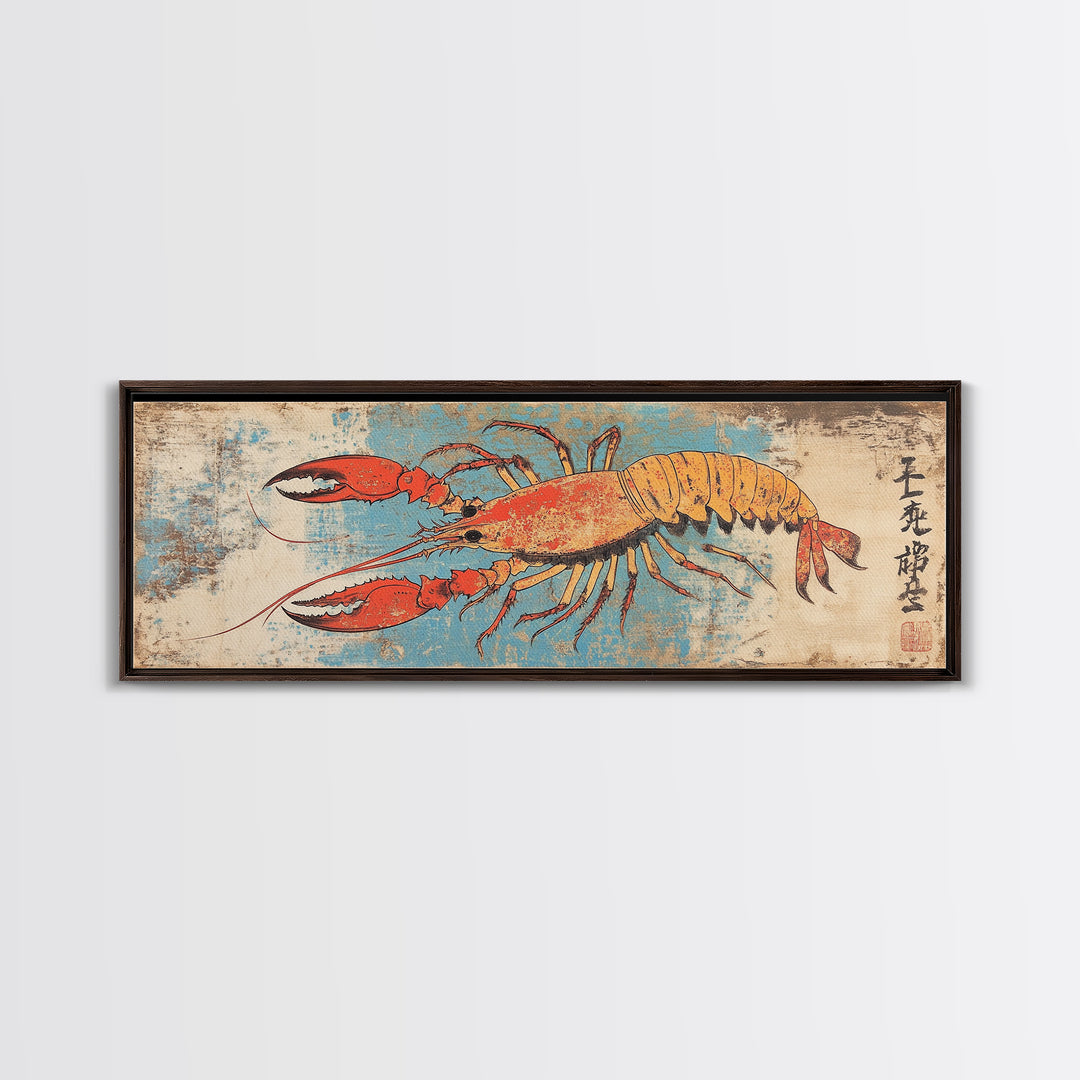 Orange Lobster On Weathered Blue Background Wall Art, Nautical Seafood Canvas Print, Coastal Kitchen Dining Room Decor Gift