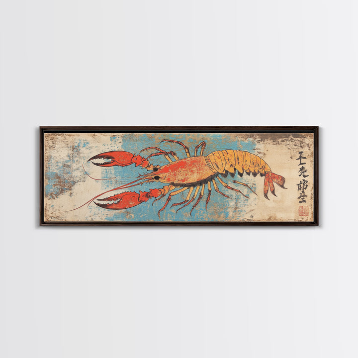 Orange Lobster On Weathered Blue Background Wall Art, Nautical Seafood Canvas Print, Coastal Kitchen Dining Room Decor Gift
