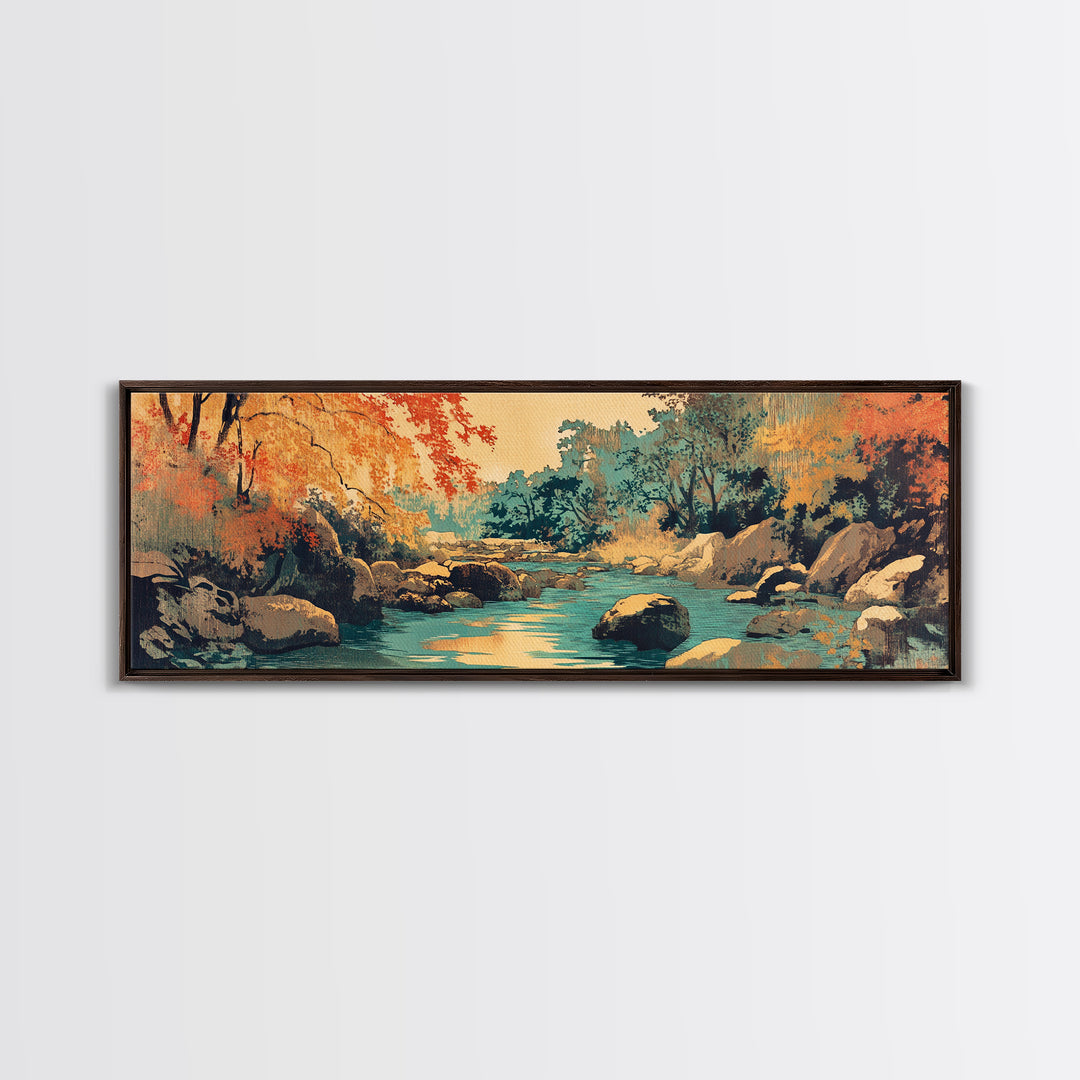 Autumn Forest River With Rocks Wall Art, Rustic Landscape Canvas Print, Warm Nature Living Room Cozy Cabin Home Decor Gift