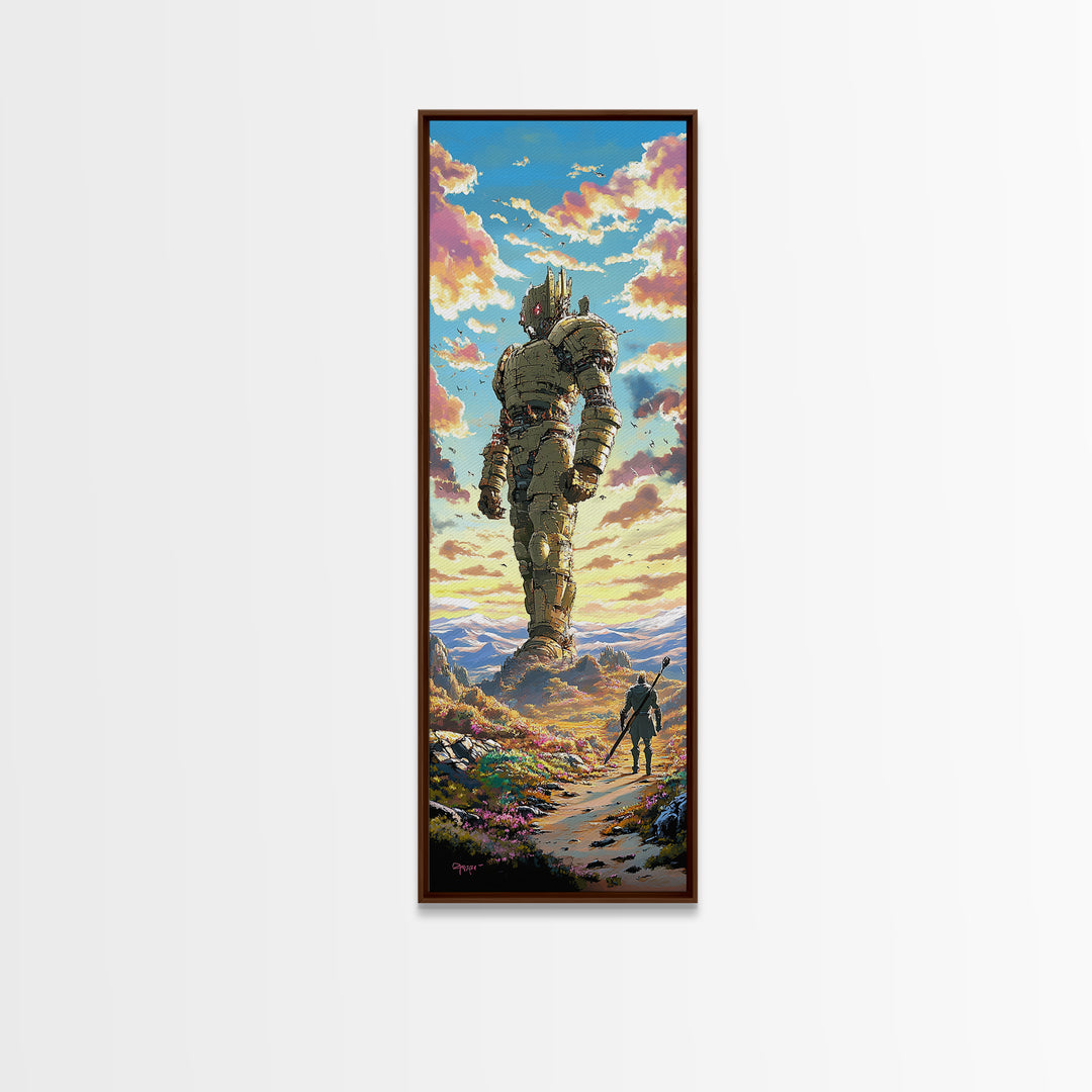 Colossal Stone Golem In Sunset Valley Wall Art, Fantasy Landscape Canvas Print, Epic Sci Fi Decor For Gamer Room And Living Room