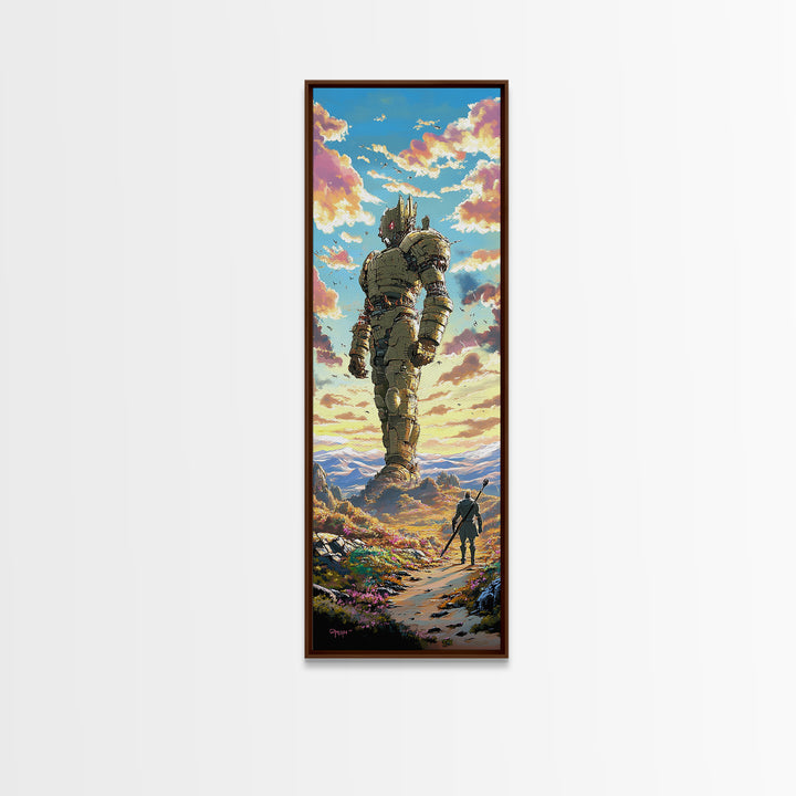 Colossal Stone Golem In Sunset Valley Wall Art, Fantasy Landscape Canvas Print, Epic Sci Fi Decor For Gamer Room And Living Room
