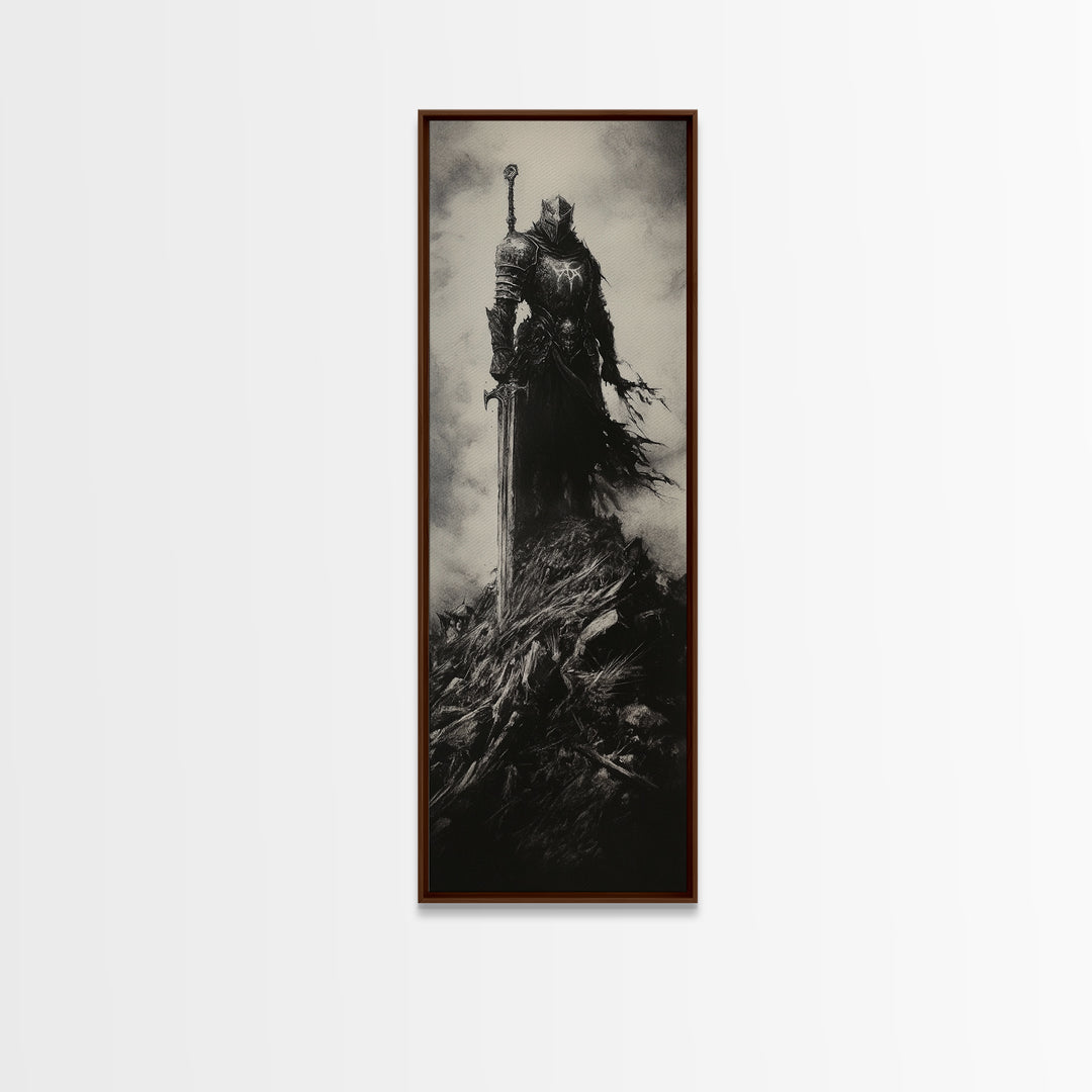 Dark Armored Knight With Sword Black And White Wall Art, Gothic Fantasy Canvas Print, Dark Academia Decor, Gift For Him Or Office Decor