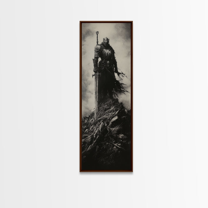 Dark Armored Knight With Sword Black And White Wall Art, Gothic Fantasy Canvas Print, Dark Academia Decor, Gift For Him Or Office Decor