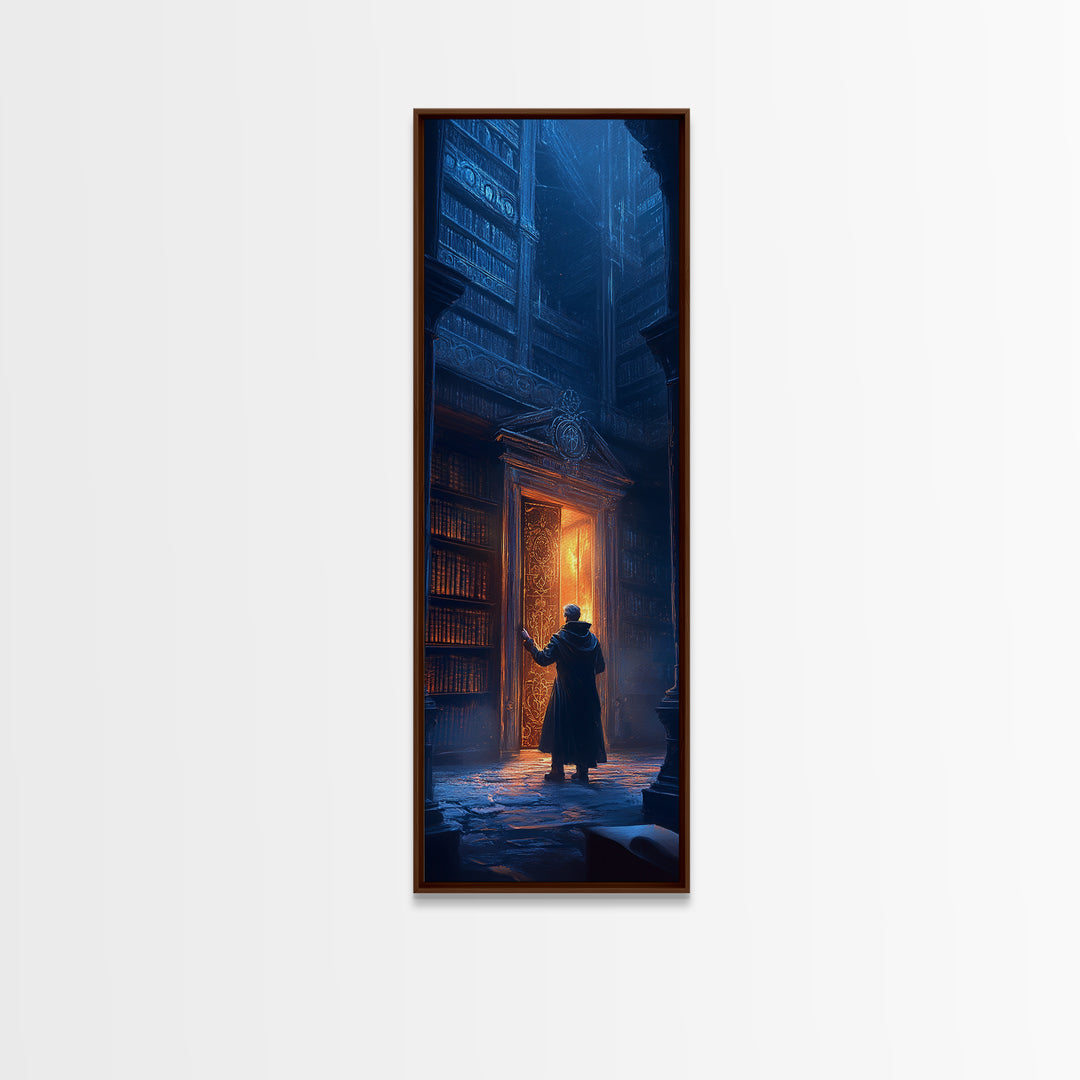 Glowing Portal Door In Dark Gothic Library Wall Art, Fantasy Bookstore Canvas Print, Dark Academia Decor For Reading Nook