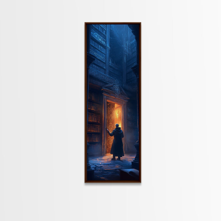 Glowing Portal Door In Dark Gothic Library Wall Art, Fantasy Bookstore Canvas Print, Dark Academia Decor For Reading Nook