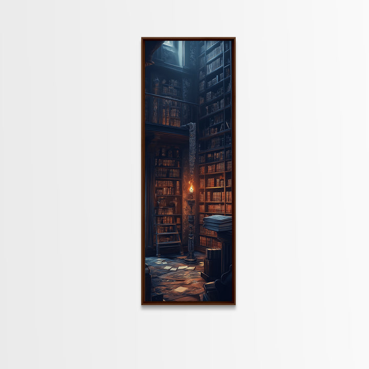 Moody Old Library With Tall Shelves And Candlelight Wall Art, Dark Academia Canvas Print, Gothic Home Library Wall Decor