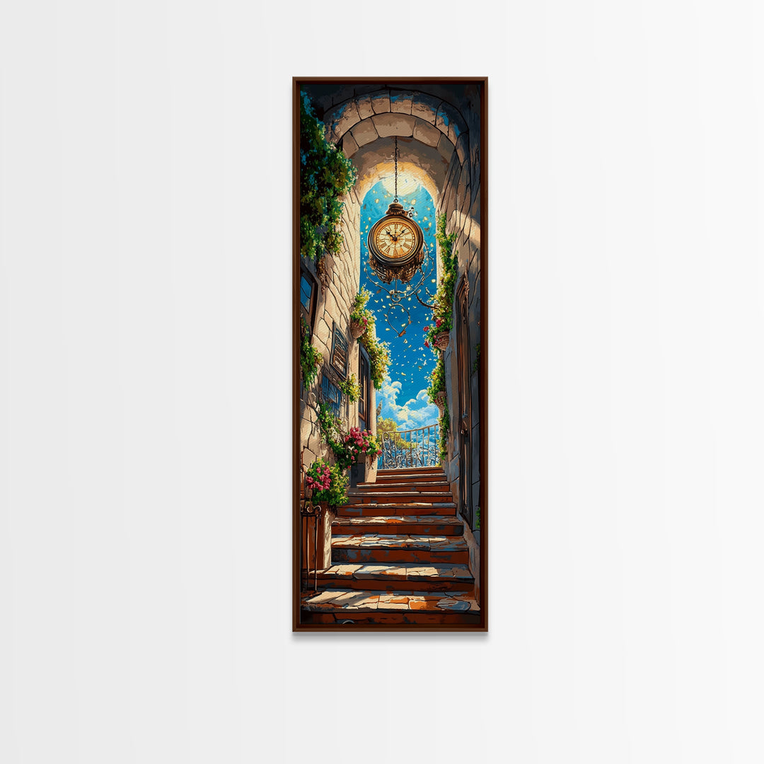 Golden Hanging Clock In Sunlit Stone Alley Wall Art, Fantasy City Canvas Print, Whimsical Travel Poster, Entryway Decor Gift