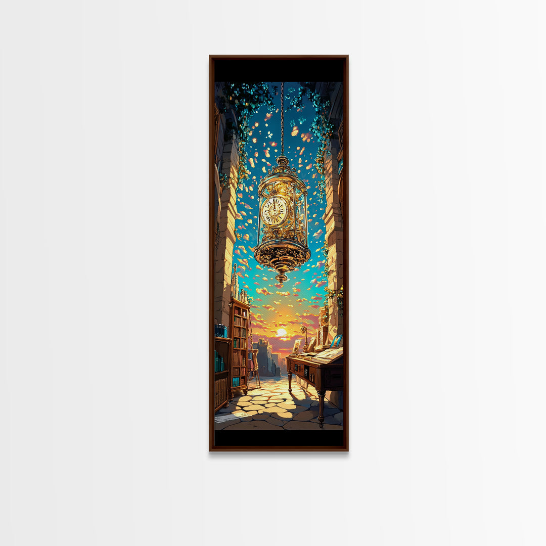 Floating Golden Clock Over Sunset Alley Wall Art, Whimsical Fantasy Canvas Print, Bookshop Travel Decor, Unique Gift For Her