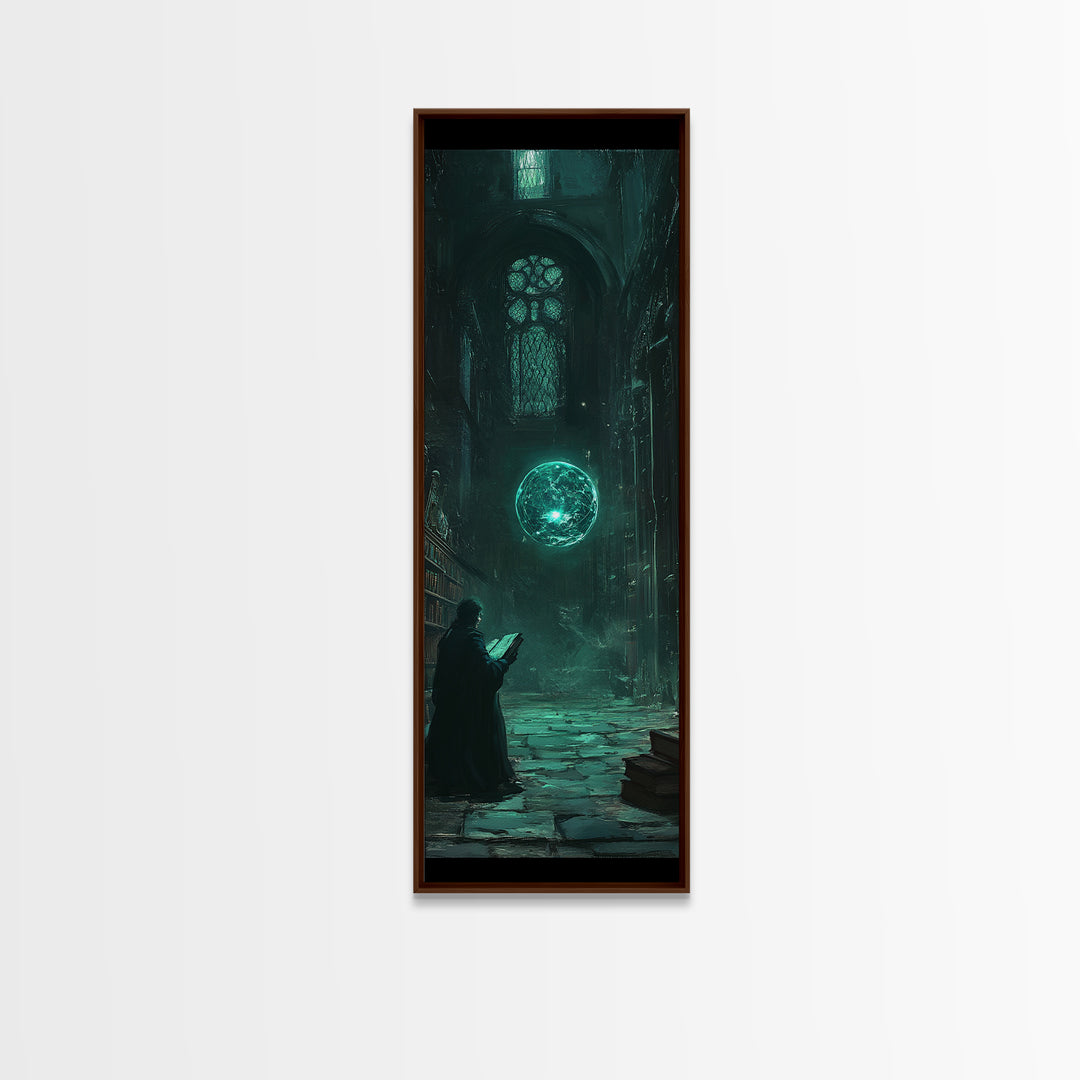 Dark Gothic Library With Teal Magic Orb Wall Art, Fantasy Castle Decor, Dark Academia Print, Moody Reading Nook Artwork Gift
