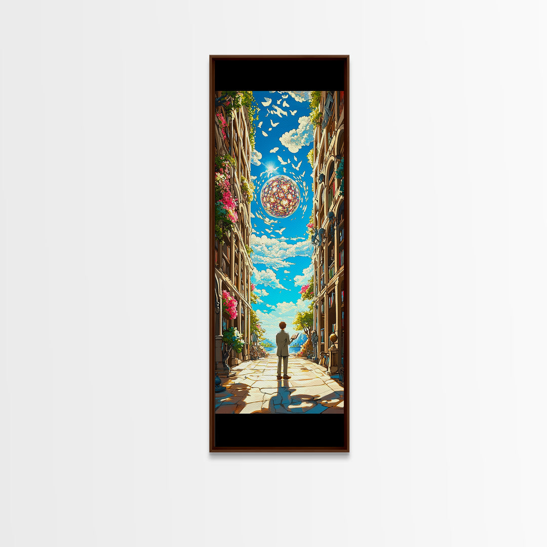 Sunlit European Alley With Birds And Glass Orb Canvas Print, Coastal Wall Art, Fantasy Travel Poster, Bright Home Decor Gift