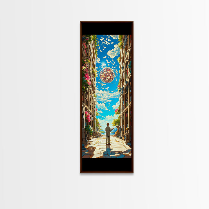 Sunlit European Alley With Birds And Glass Orb Canvas Print, Coastal Wall Art, Fantasy Travel Poster, Bright Home Decor Gift
