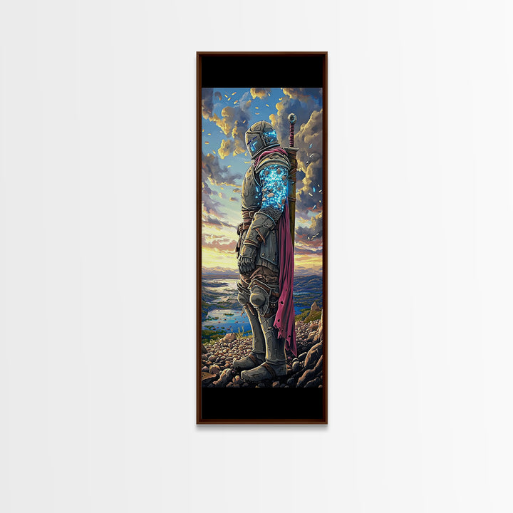 Glowing Blue Crystal Knight At Sunset Framed Canvas Print, Fantasy Wall Art, Medieval Warrior Decor, Gamer Room Gift For Him