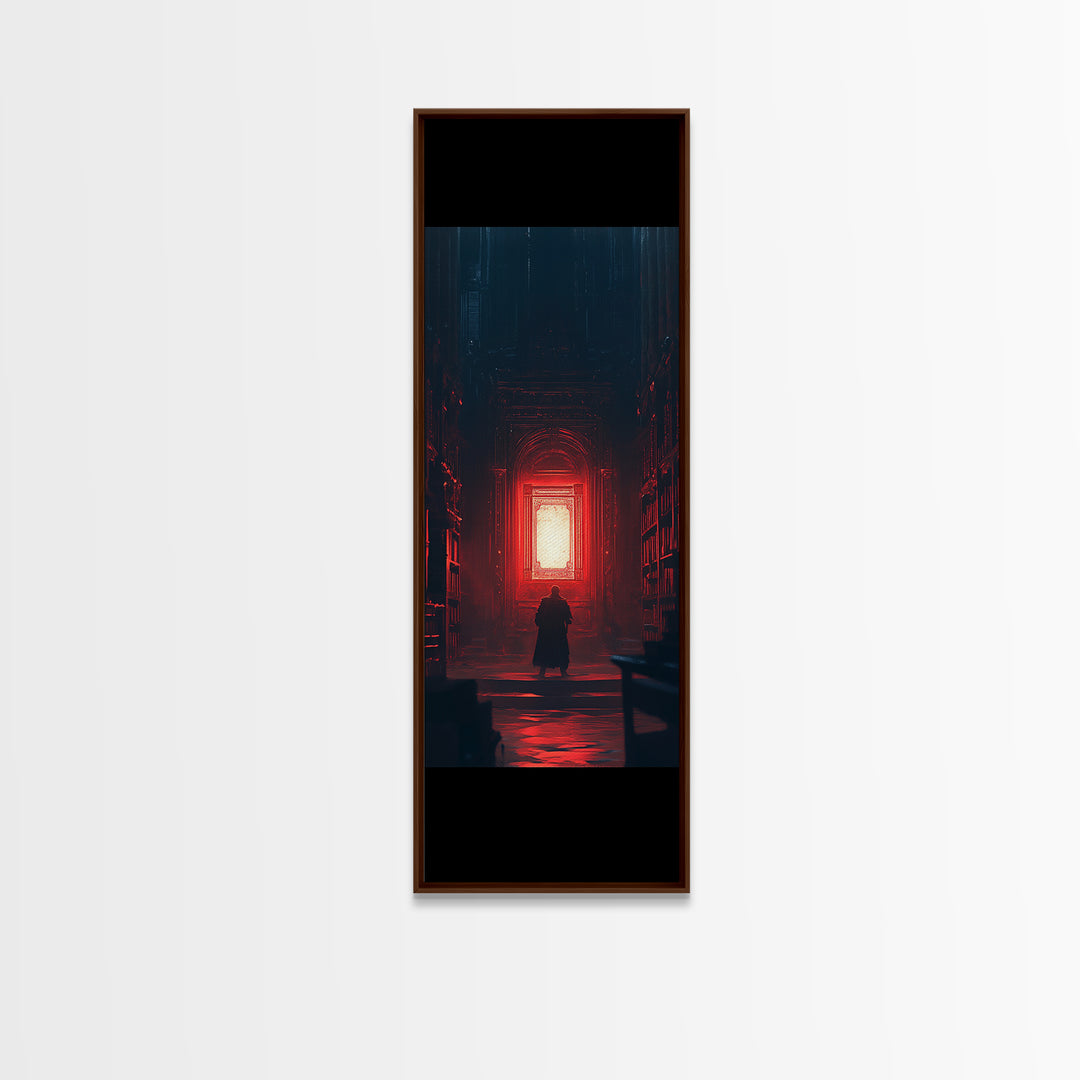 Red Glowing Door In Dark Library Wall Art, Gothic Framed Canvas Print, Dark Academia Decor, Moody Fantasy Artwork Gift For Him