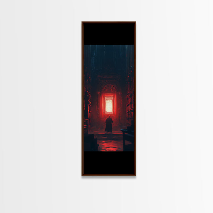 Red Glowing Door In Dark Library Wall Art, Gothic Framed Canvas Print, Dark Academia Decor, Moody Fantasy Artwork Gift For Him