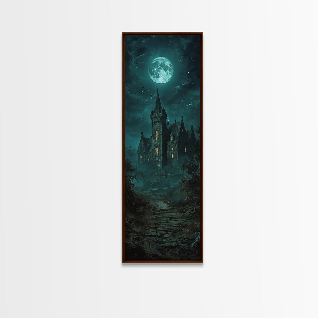 Moonlit Gothic Castle On Misty Path Wall Art, Dark Academia Canvas Print, Haunted House Decor, Moody Fantasy Gothic Wall Decor Gift