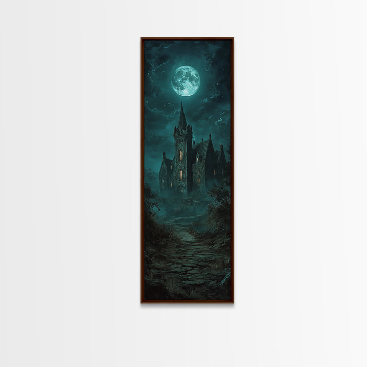 Moonlit Gothic Castle On Misty Path Wall Art, Dark Academia Canvas Print, Haunted House Decor, Moody Fantasy Gothic Wall Decor Gift