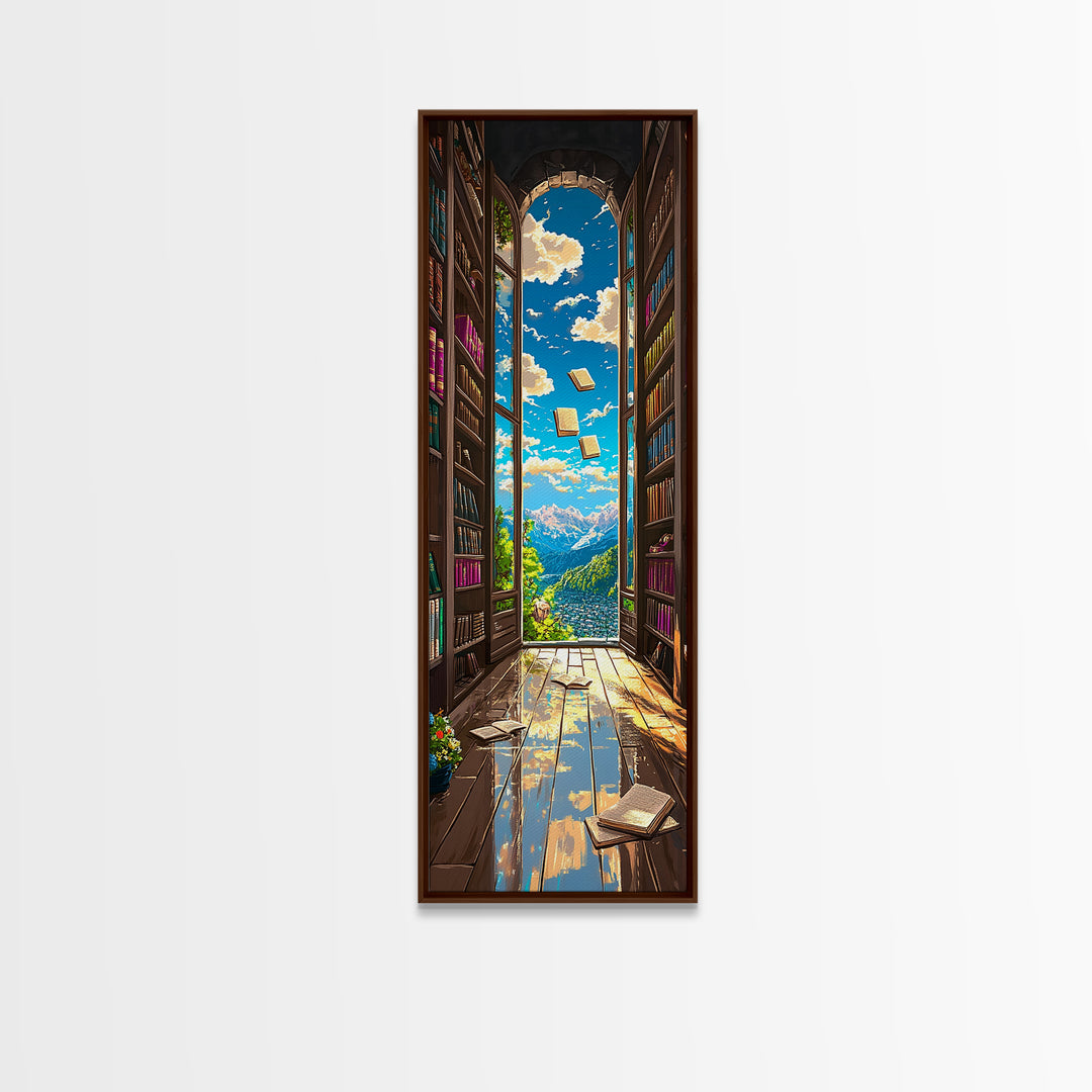 Magical Library Doorway With Floating Books Wall Art, Mountain View Canvas Print, Book Lover Decor, Reading Nook Home Office Gift
