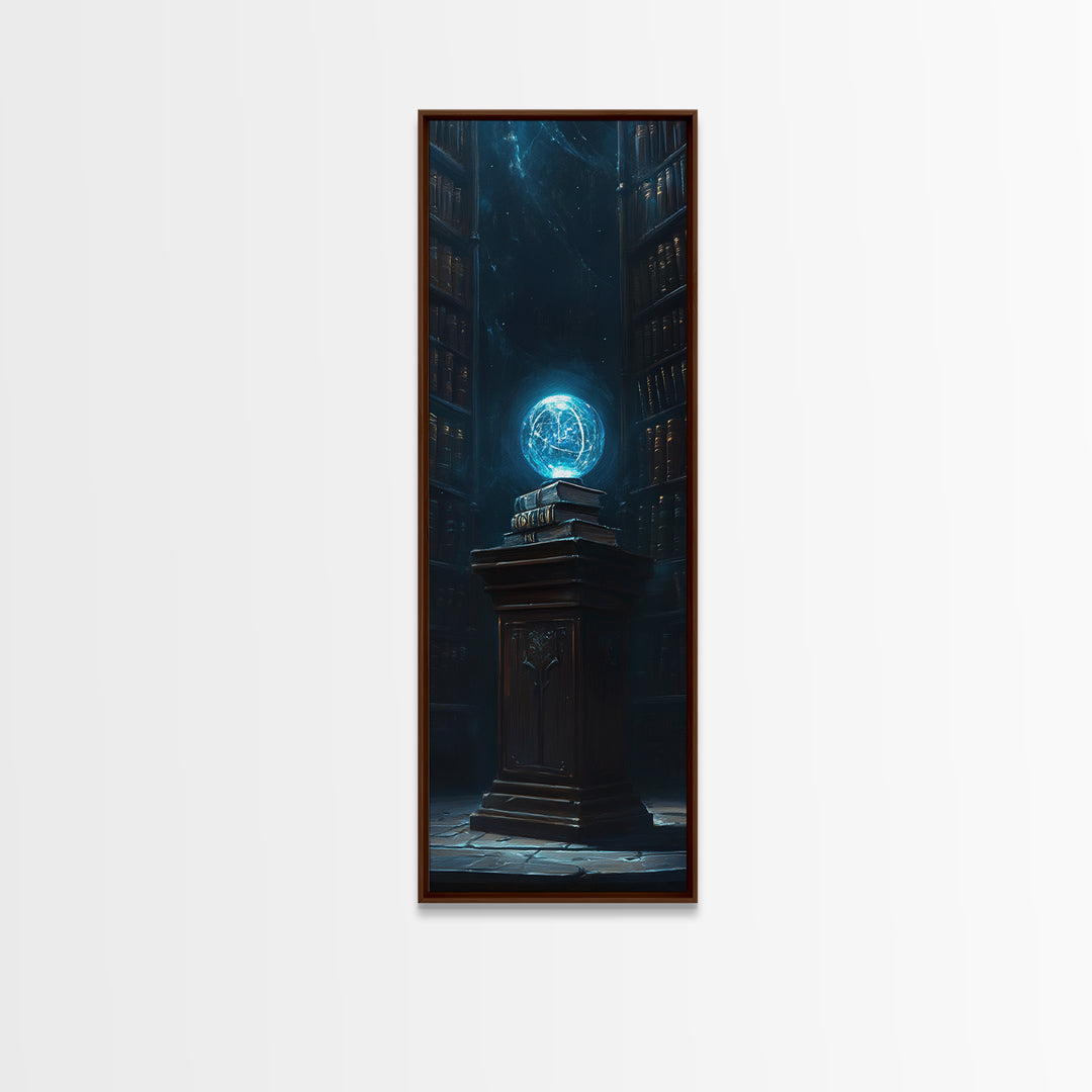 Glowing Blue Orb In Dark Library Framed Canvas Print, Fantasy Wall Decor, Mystical Bookish Art For Dark Academia Reading Nook Decor