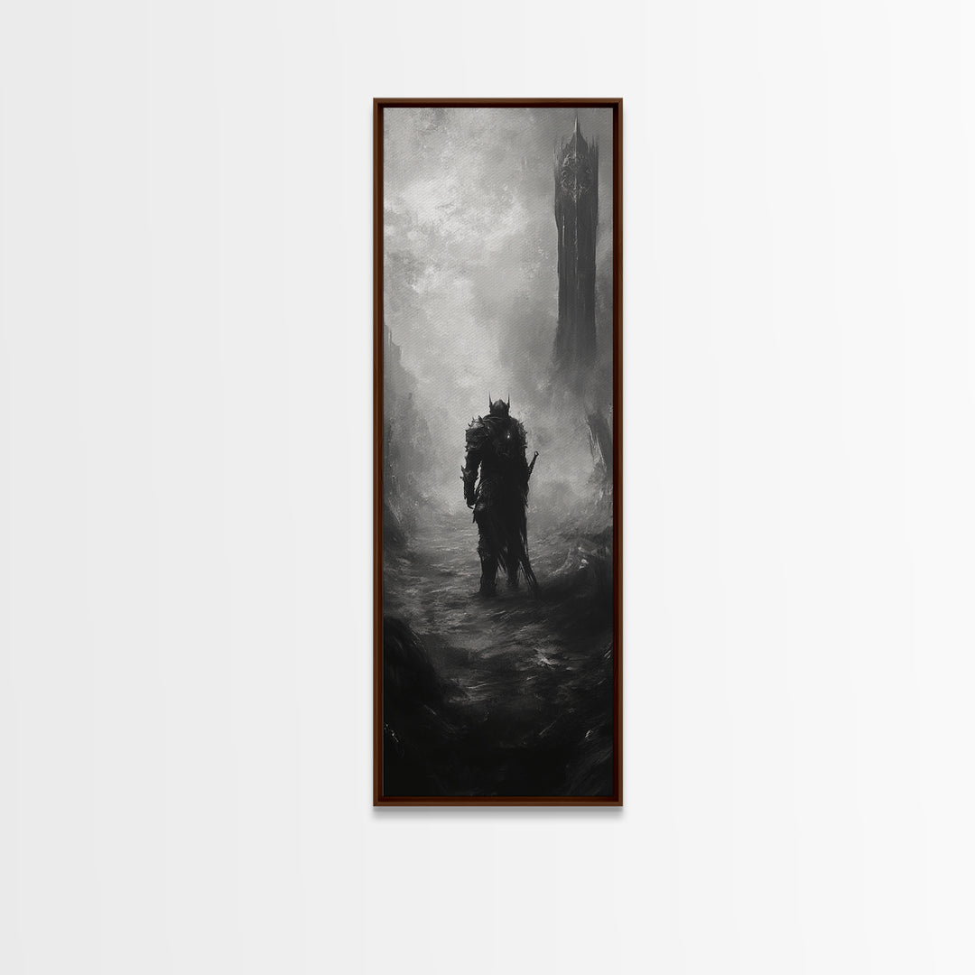 Lone Warrior Before Dark Tower Wall Art, Black And White Fantasy Print, Gothic Dark Art For Game Room Decor, Moody Statement Artwork