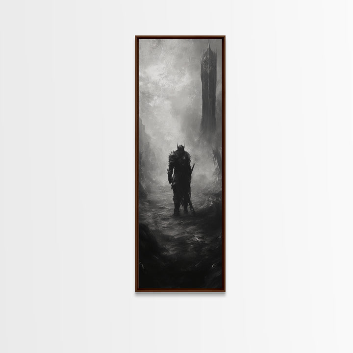 Lone Warrior Before Dark Tower Wall Art, Black And White Fantasy Print, Gothic Dark Art For Game Room Decor, Moody Statement Artwork