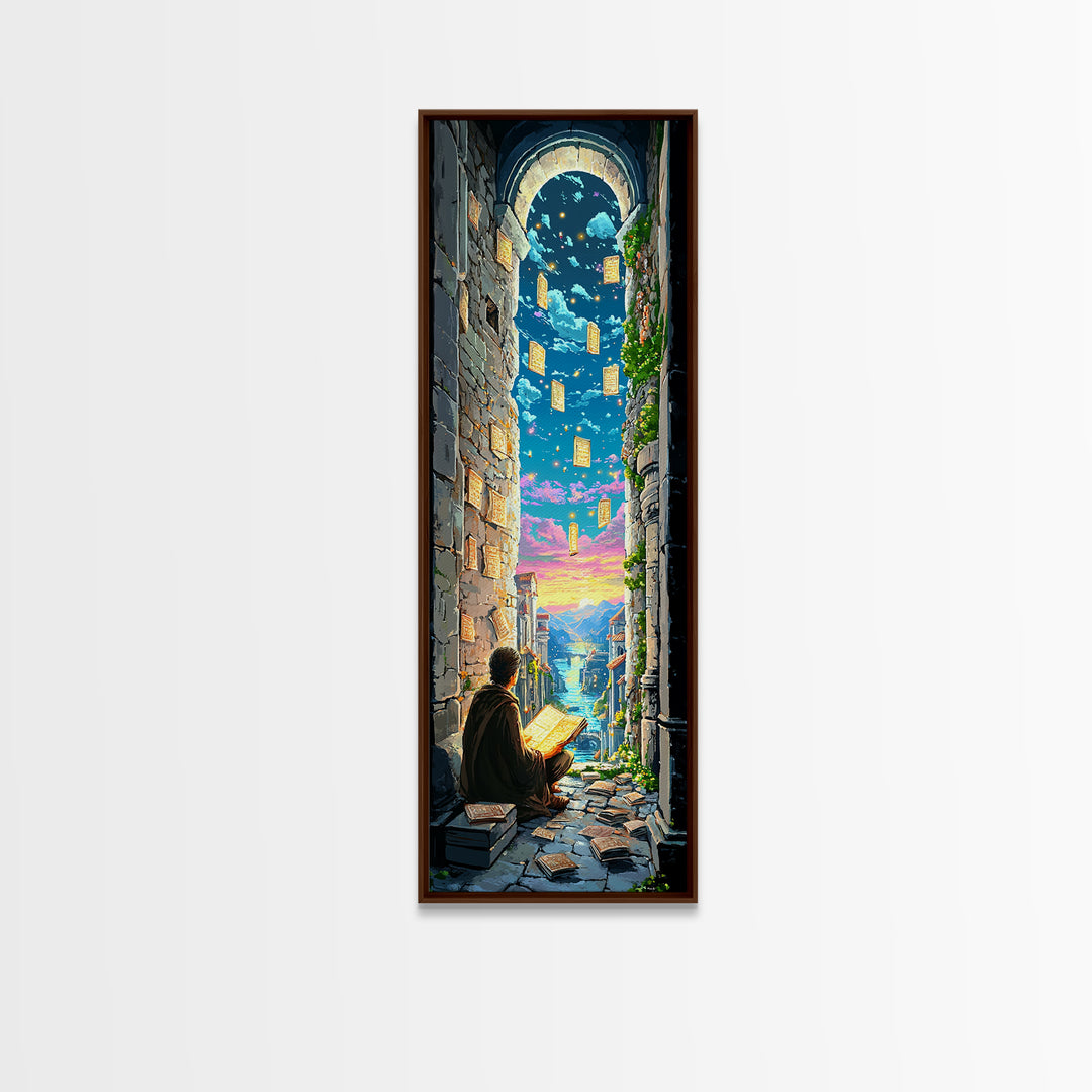 Scholar Reading Under Stone Arch Canvas Print, Floating Pages Fantasy Wall Decor, Magical Library Art For Book Lovers Gift