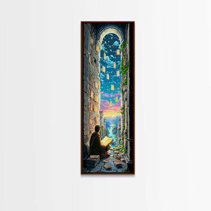 Scholar Reading Under Stone Arch Canvas Print, Floating Pages Fantasy Wall Decor, Magical Library Art For Book Lovers Gift