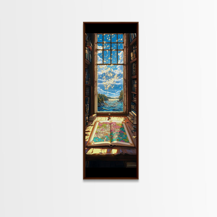 Open Map By Ocean Library Window Canvas Print, Bookish Coastal Wall Decor, Sunlit Travel Art For Reading Nook And Study Decor