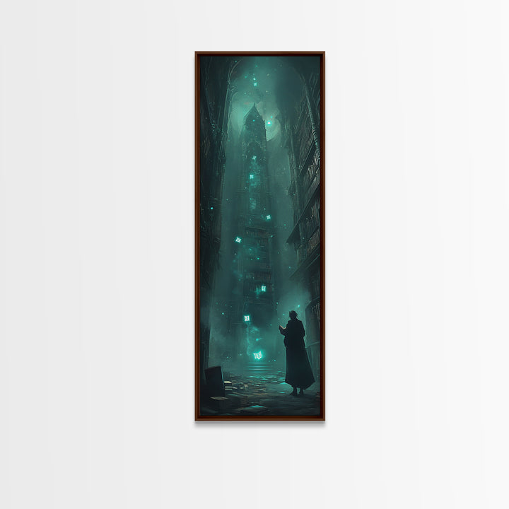 Dark Gothic Tower In Misty Alley Wall Art, Fantasy Cityscape Print, Moody Library Decor, Dark Academia Wall Decor Gift For Him